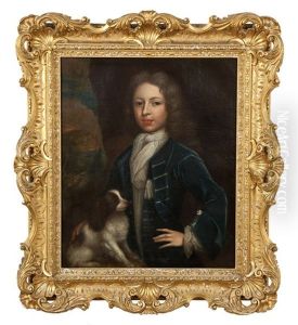A Young Boy Wearing A Blue Coat And White Jabot, With A King Charles Spaniel And Its Companion