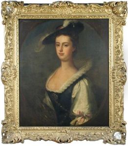 Portrait Of A Lady In A Feathered Hat, Pearls In Her Hair And A Blue And White Dress And Gem-set Stomacher