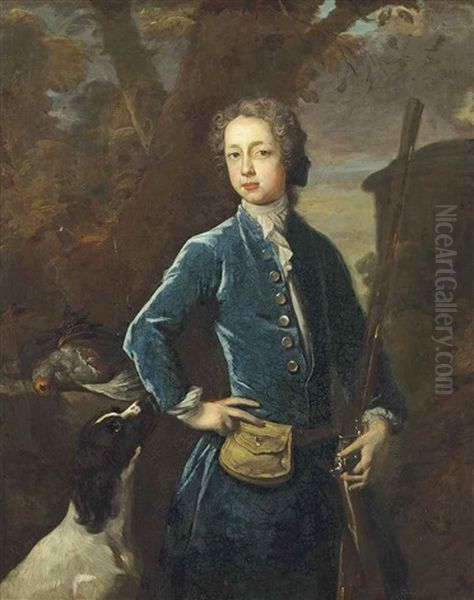 Portrait Of A Young Gentleman, Three-quarter-length, In A Blue Coat, With A Rifle Resting On His Left Arm And A Spaniel By His Side, In A Landscape - view 1
