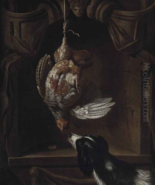 A Partridge In A Sculpted Cartouche, With A Spaniel - view 1