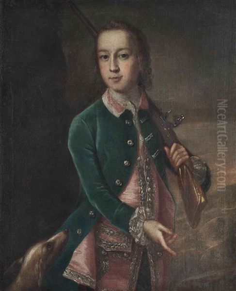 Portrait Of A Boy In A Green Velvet Coat, Three-quarter-length, Holding A Gun, A Dog To His Side, In A Landscape - view 1