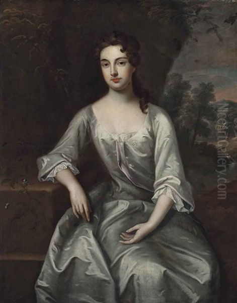 Portrait Of A Lady, Traditionally Identified As Lady Margaret Hastings, Three-quarter-length, In A Lace-trimmed Oyster Satin Dress, Seated In A Landscape - view 1