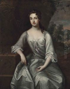 Portrait Of A Lady, Traditionally Identified As Lady Margaret Hastings, Three-quarter-length, In A Lace-trimmed Oyster Satin Dress, Seated In A Landscape by Enoch Seeman