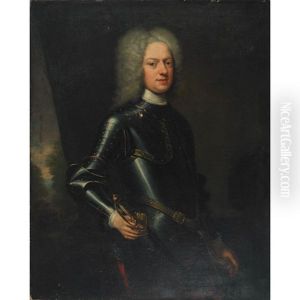 Portrait Of A Nobleman Dressed In Armor, His Troops Waiting In The Distance by Enoch Seeman