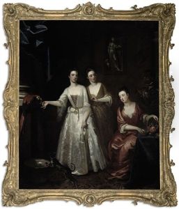 Portrait Of Three Ladies Attended By Their Servant, One Sister Feeding A Parrot, In An Interior by Enoch Seeman