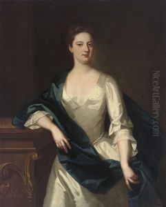 Portrait Of Lady Anne Furnese In An Oyster Satin Dress, And A Blue Wrap, Her Right Arm Resting On A Plinth by Enoch Seeman