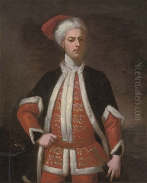 Portrait Of A Gentleman In A Red Suit Embroidered With Gold, And A Blue Mantle, Both Trimmed With White Fur, And A Red Hat With White Fur Trim - view 1