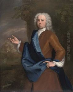 Portrait Of Admiral Charles Elphinstone Fleming Of Cumberland In A Brown Coat And Blue Sash by Enoch Seeman