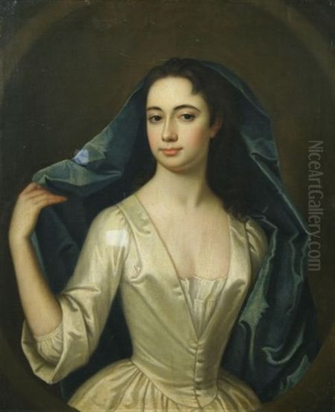 A Lady In White Holding A Blue Veil - view 1