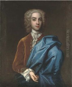 Portrait Of A Gentleman, Half-length, In A Brown Velvet Coat With A Blue Cloak
