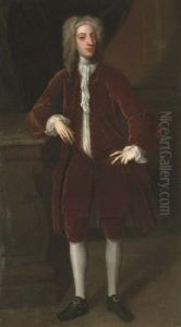 Portrait Of A Gentleman, Full-length, In A Brown Velvet Suit, His Right Arm Resting On A Plinth, A Column Beyond by Enoch Seeman