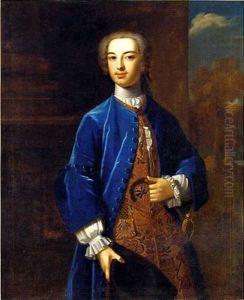 Portrait Of Dudley North In A Blue Velvet Coat And A Gold Embroidered Waistcoat, Holding A Tricorn, A Landscape Beyond