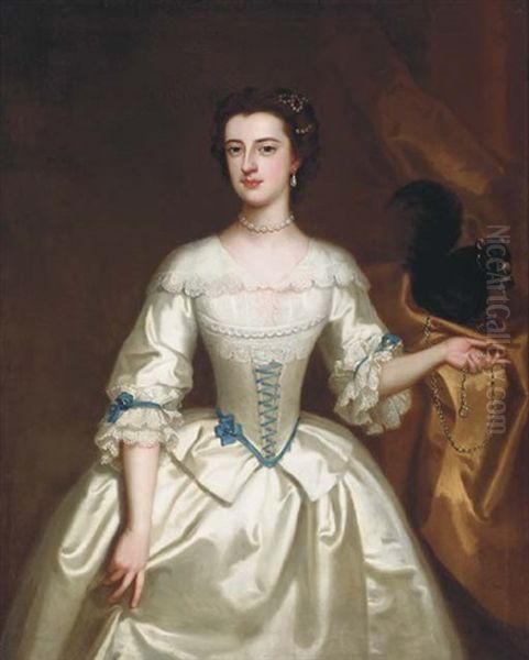 Portrait Of A Lady In A White Silk Dress With Her Pet Squirrel - view 1