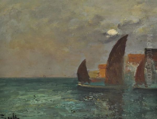Harbour Scene By Moonlight And Sailing Boats Off The Coast - view 1