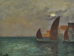 Harbour Scene By Moonlight And Sailing Boats Off The Coast