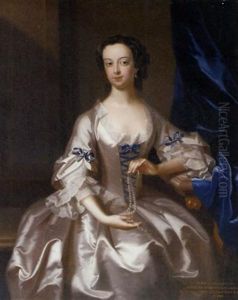 Portrait Of Mary Rand, Seated, In An Oyster-satin Dress With Blue Ribbons, Holding A String Of Pearls, In An Interior By A Blue Velvet Curtain