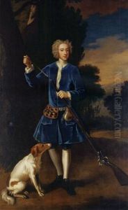 Portrait Of A Gentleman In A Blue Velvet Coat, Loading His Gun, A Spaniel At His Side, In A Landscape