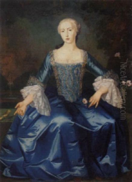 Portrait Of A Lady In A Blue Dress With Silver Embroidery, Holding A Rose, Pointing To A Bird, In A Formal Garden - view 1