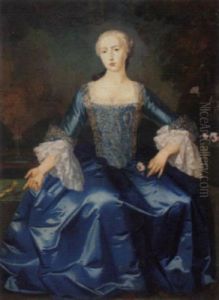 Portrait Of A Lady In A Blue Dress With Silver Embroidery, Holding A Rose, Pointing To A Bird, In A Formal Garden