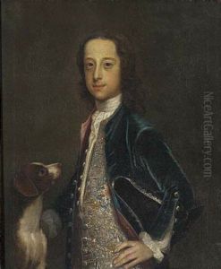 Portrait Of Master John Wyld In An Embroidered Waistcoat And Blue Velvet Coat, With A Tricorn Hat And A Dog