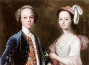 Portrait Of A Brother And Sister, He Wearing A Blue Coat And Gold Waitcoat, She Wearing A White Dress And Pink Hat by Enoch Seeman