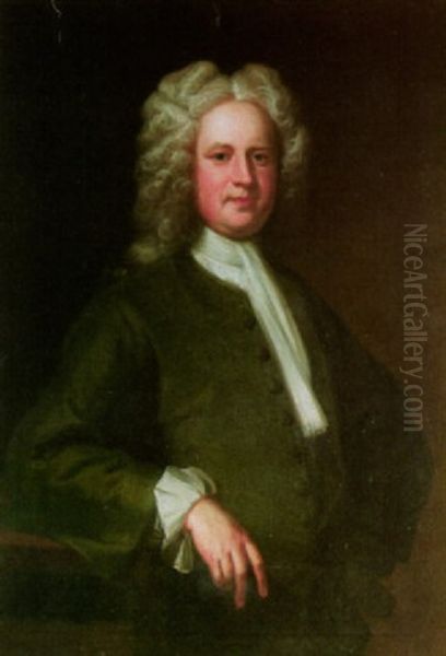 Portrait Of Richard Bennett Coffin Wearing A Green Coat, His Arm Resting On A Plinth - view 1