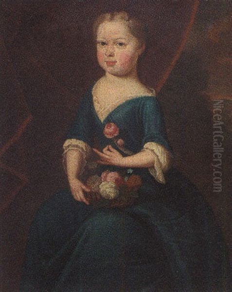 Portrait Of A Young Girl In A Blue Dress, Holding A Basket Of Flowers, A Landscape Beyond - view 1