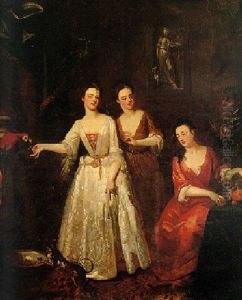 Portrait Of Three Ladies Of The Bissett Family With Blackamoor Servant And Their Parrot And Dog by Enoch Seeman