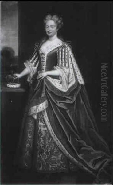 Portrait Of Queen Caroline Of Ansbach, Full Length Wearing  Regal Robes, In A Classical Interior, Her Right Hand by Enoch Seeman