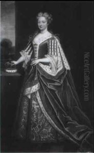 Portrait Of Queen Caroline Of Ansbach, Full Length Wearing Regal Robes, In A Classical Interior, Her Right Hand by Enoch Seeman