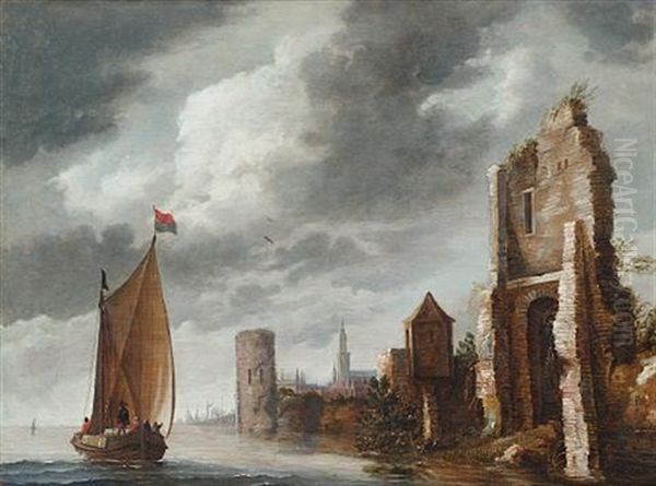 A River Landscape With Ruins On The Bank And A View To A City Beyond - view 1