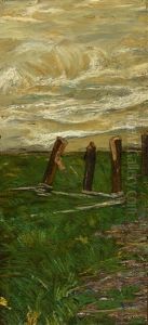 Frammento Di Paesaggio - Auch: Studio Di Un Campo Con Paletti by Giovanni Segantini