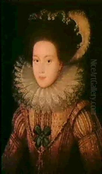 Portrait Of A Lady, Said To Be Mary Queen Of Scots, Half Length, Wearing A Gold Embroidered Dress, And Lace-edge Ruff - view 1