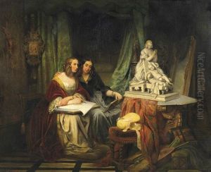 Die Zeichenstunde. Zwei Junge Damen Im Boudoir, Eine Marmorskulptur Skizzierend by Cornelius Johannes Adrianus Seghers