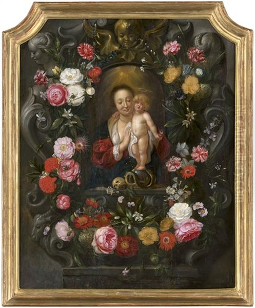 Die Madonna Mit Jesusknaben In Einer Nische, Umgeben Von Einer Blumengirlande - view 1