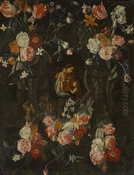 Steinkartusche, Umgeben Von Blumenarrangements - view 1