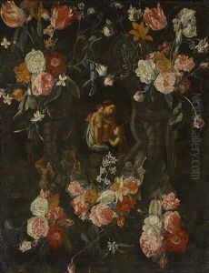 Steinkartusche, Umgeben Von Blumenarrangements by Daniel Seghers