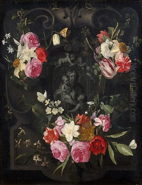 La Vierge A L'enfant Dans Un Encadrement De Fleurs - view 1