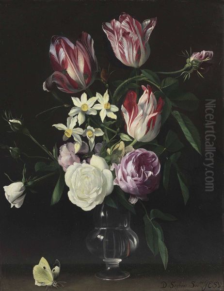 Roses, Tulips, And Narcissi In A Glass Vase, With A Butterfly, On A Ledge - view 1