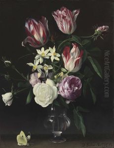 Roses, Tulips, And Narcissi In A Glass Vase, With A Butterfly, On A Ledge by Daniel Seghers