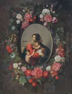 Die Madonna Mit Dem Christus- Und Johannesknaben In Einer Blumengirlande by Daniel Seghers