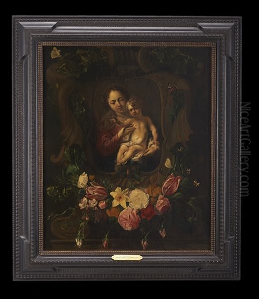 Virgin And Child In A Cartouche With Flowers And Butterflies - view 1