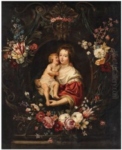 The Virgin And Child Within A Stone Cartouche With Floral Garlands