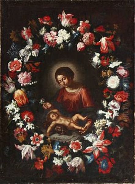 The Virgin Mary And The Infant Jesus Surrounded By A Large Festoon With Numerous Flowers - view 1