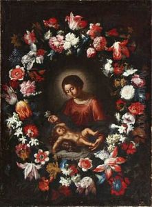 The Virgin Mary And The Infant Jesus Surrounded By A Large Festoon With Numerous Flowers The Virgin Mary And The Infant Jesus Surrounded By A Large Festoon With Numerous Flowers