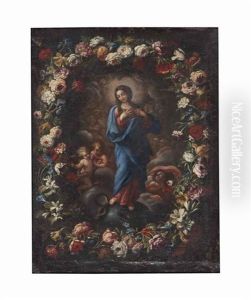 The Virgin And Child And Putti Surrounded By A Garland Of Flowers