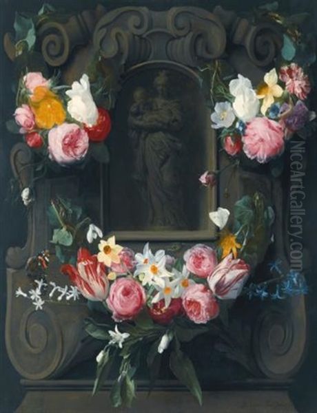 Swags Of Flowers Adorning A Cartouche With The Virgin And Child - view 1