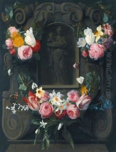 Swags Of Flowers Adorning A Cartouche With The Virgin And Child