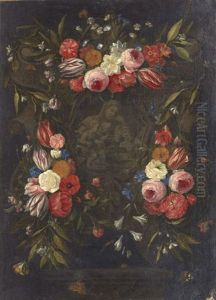 Guirlande De Fleurs Entourant Une Representation De La Vierge, L'enfant Jesus Et Saint Jean En Camaieu Guirlande De Fleurs Entourant Une Representation De La Vierge, L'enfant Jesus Et Saint Jean En Camaieu
