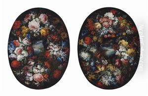 A Moonlit Coastal Landscape, In A Floral Cartouche (+ A Coastal Landscape, In A Floral Cartouche; Pair) by Daniel Seghers